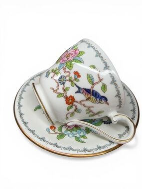 Vintage Aynsley Floral & Bird Teacup and Saucer - White with Multicolor Accents